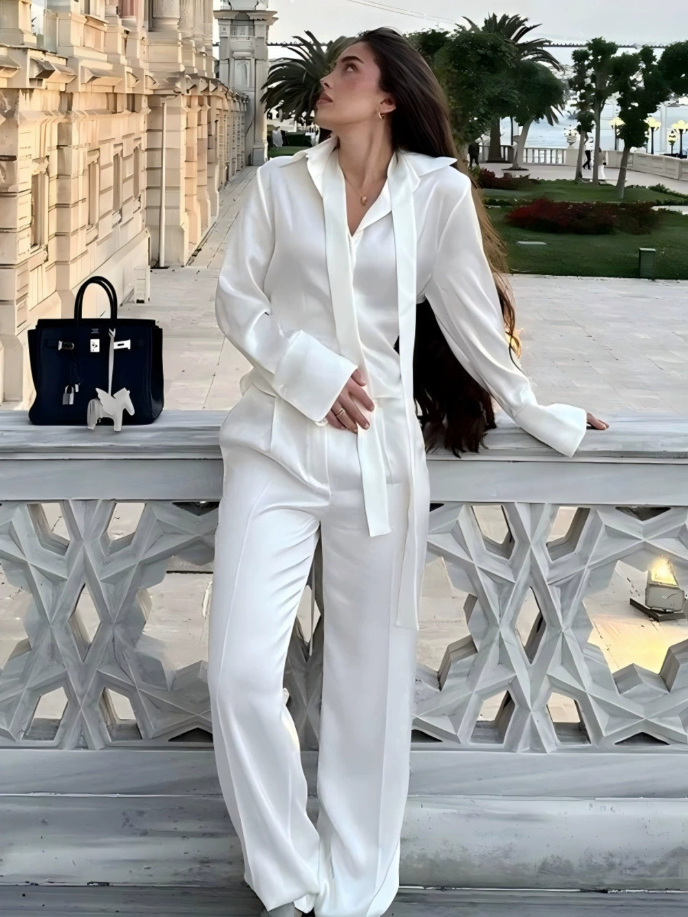 ZARA Women Satin Slim Fit Bow Tie Blouse Pants Set Spring Autumn Tie Waist Suit